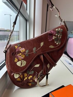 Christian Dior Saddle Bag + Wallet Set Burgundy Floral Embroidery Leather